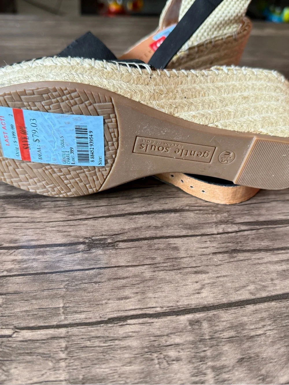 gentle souls Black and Natural Espadrille Wedge Sandals